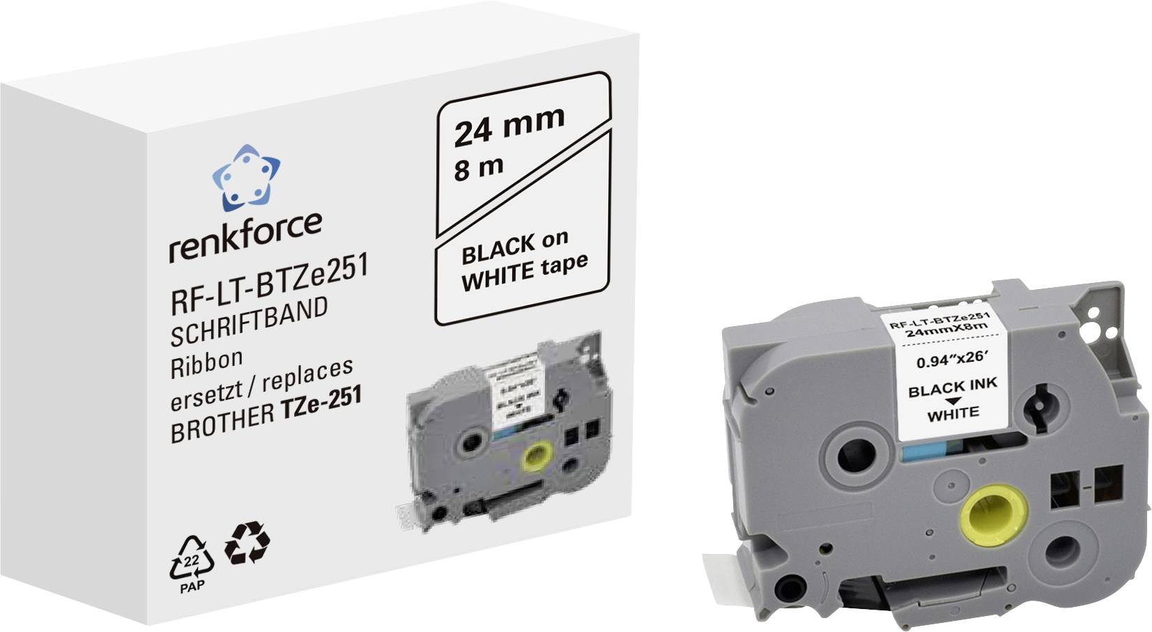 Запасна стрічка для друку Renkforce RF-LT-BTZe251 Brother TZe-251, 24 мм, колір стрічки: білий, колір друку: чорний, 8 м