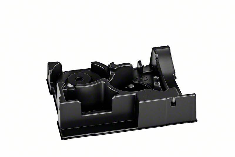 Czarny, prostokątny pojemnik z tworzywa sztucznego z różnymi przegródkami i podwyższonymi przegrodami.