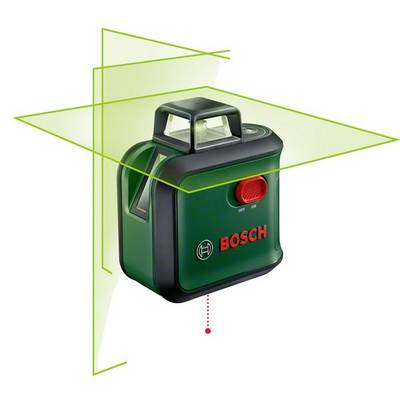 Laserowy niwelator projektuje zielone linie w kształcie krzyża do wyrównywania; kompaktowy, zielono-czarny, z czerwonym przełącznikiem i logo marki.