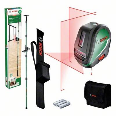 Laser liniowy Bosch ze statywem przedstawia urządzenie wraz z wyposażeniem. Laser rzuca obrotowe linie do precyzyjnego pozycjonowania na ścianach.
