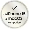 Kompatybilne z iPhone 15 i macOS - napis w srebrnym kole z zaznaczonym znacznikiem kontrolnym nad nim.