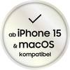 Okrągła naklejka z znaczkiem zaznaczenia i tekstem: 'kompatybilne od iPhone 15 i macOS'.