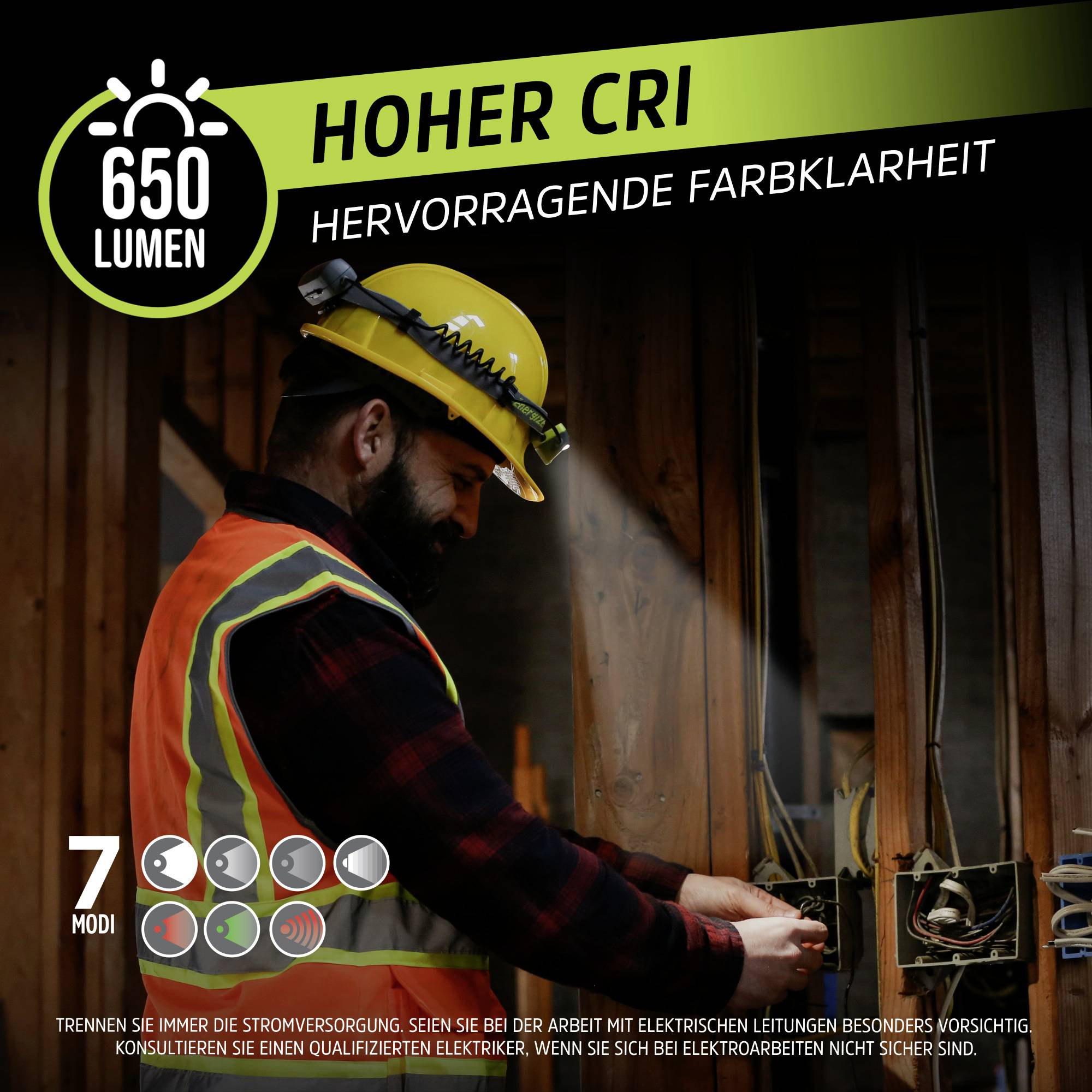 Robotnik w kasku ochronnym i okularach instaluje przewody elektryczne. Tekst wspomina: "Wysoki CRI, doskonała jasność barw, 650 lumenów".
