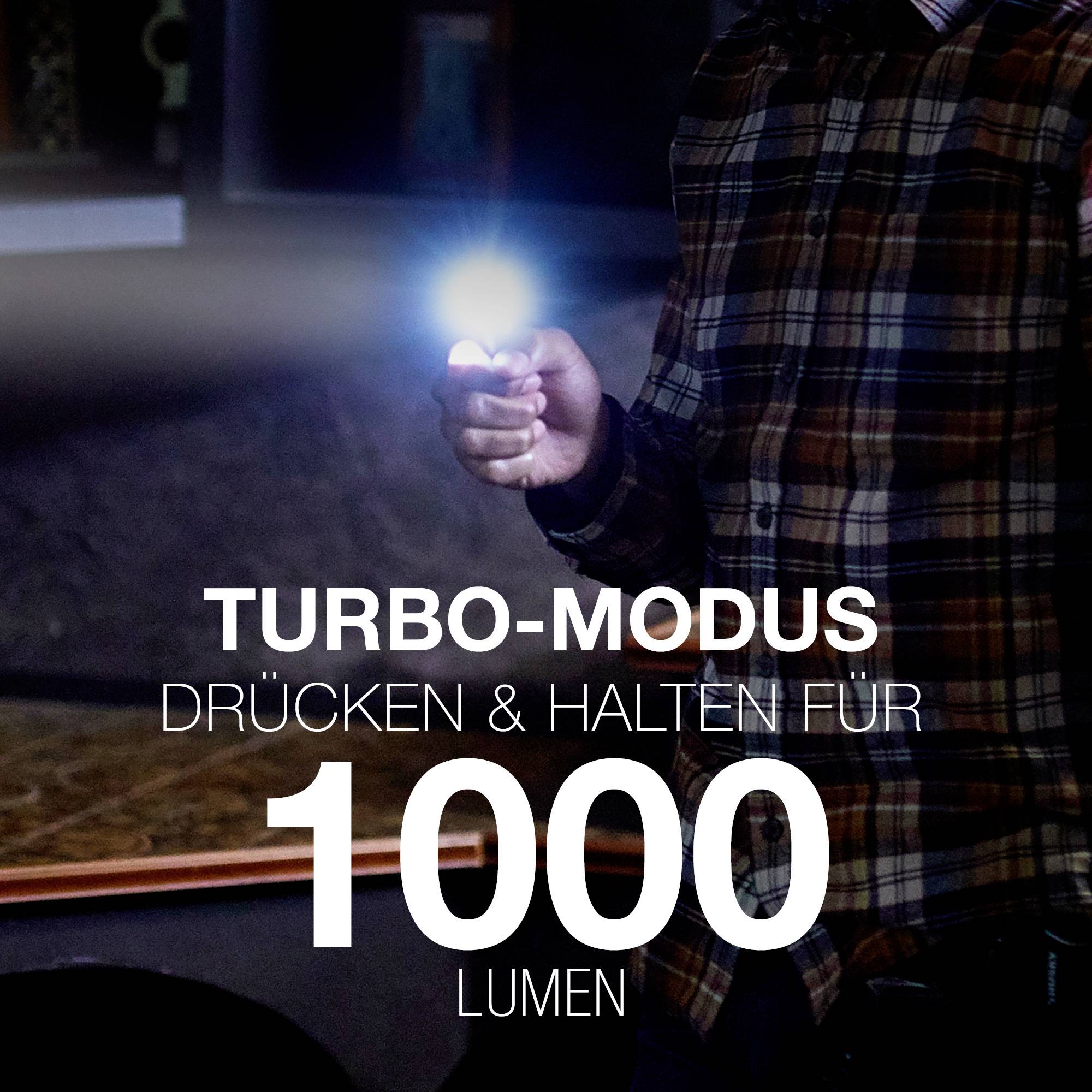 Osoba trzyma latarkę w trybie turbo. Tekst wskazuje: 'Nacisnąć i przytrzymać tryb turbo dla 1000 lumenów'.