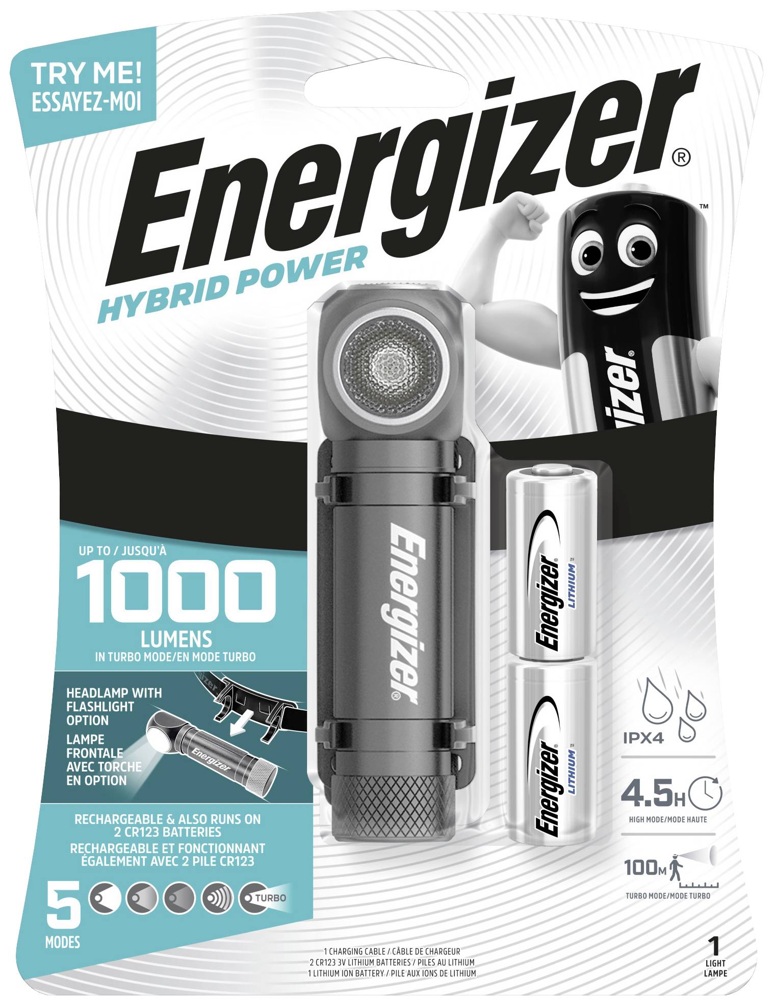 Opakowanie latarki Energizer Hybrid Power. Zawiera dwie baterie. Świeci do 1000 lumenów, wodoodporna (IPX4), czas pracy do 4,5 godziny.