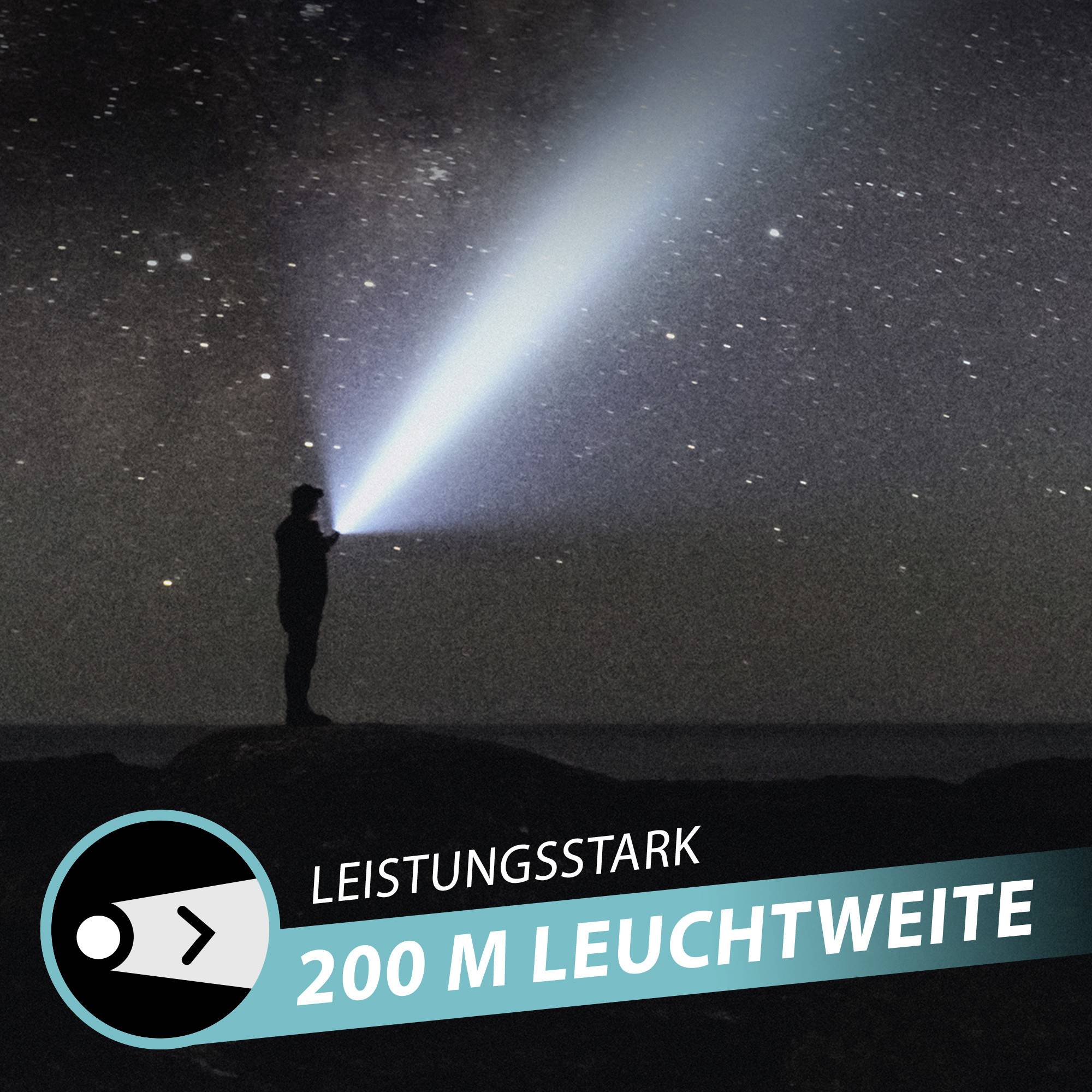Osoba stoi w ciemnym krajobrazie i kieruje latarką w gwiaździste niebo. Tekst: 'Wydajny, zasięg świecenia 200 m'.