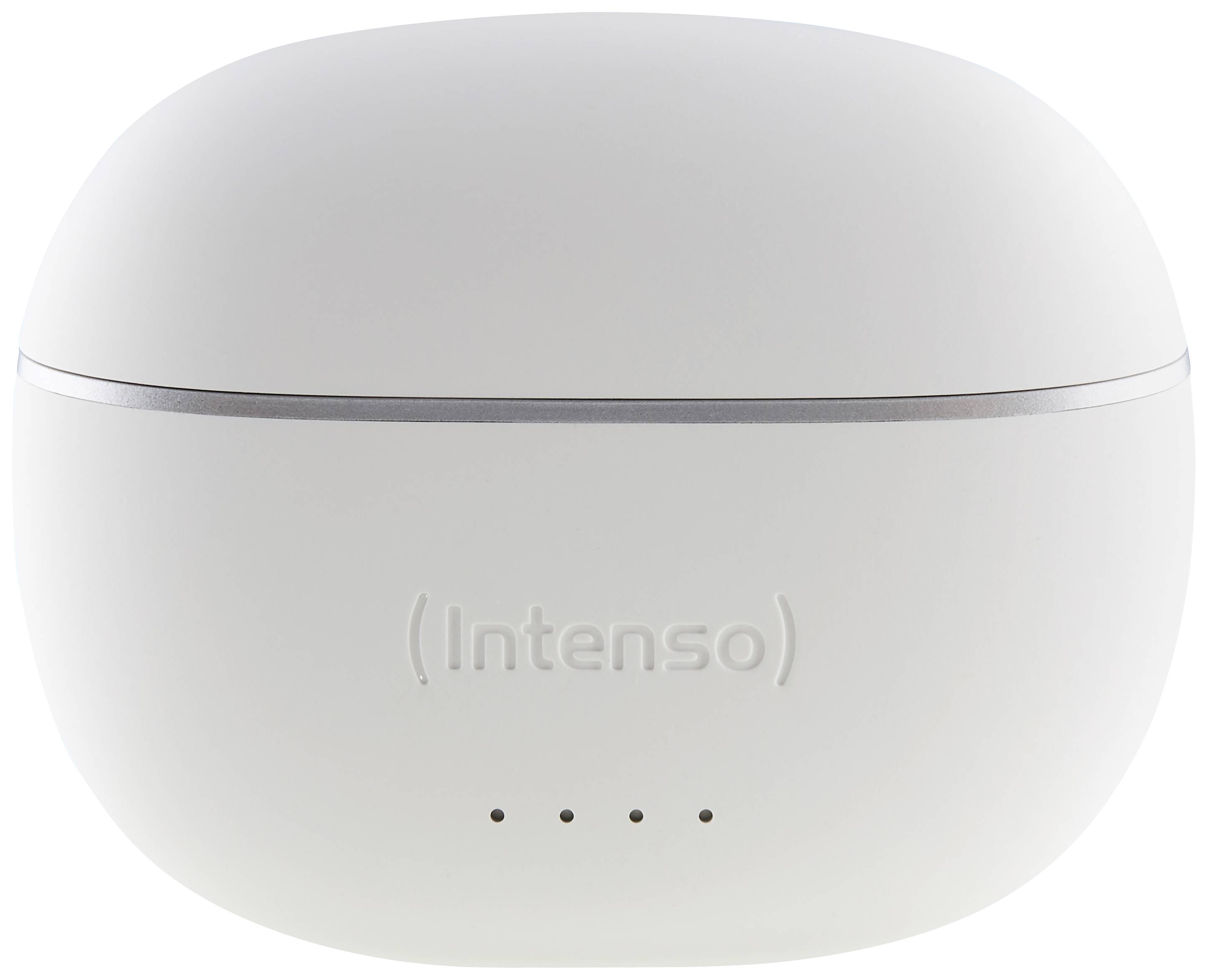Biała, owalna ładowarka z logo 'Intenso' na przedniej stronie, poniżej cztery małe diody LED wskazujące stan ładowania.