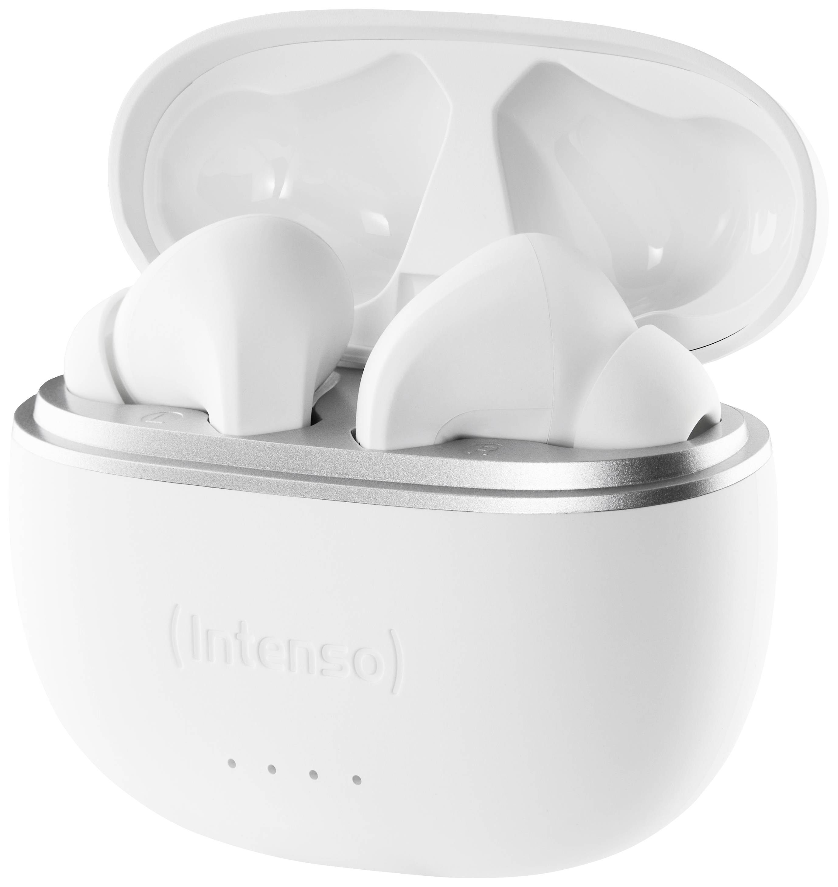 Białe bezprzewodowe słuchawki douszne w otwartej ładowarce z logo 'Intenso' na przedniej stronie.