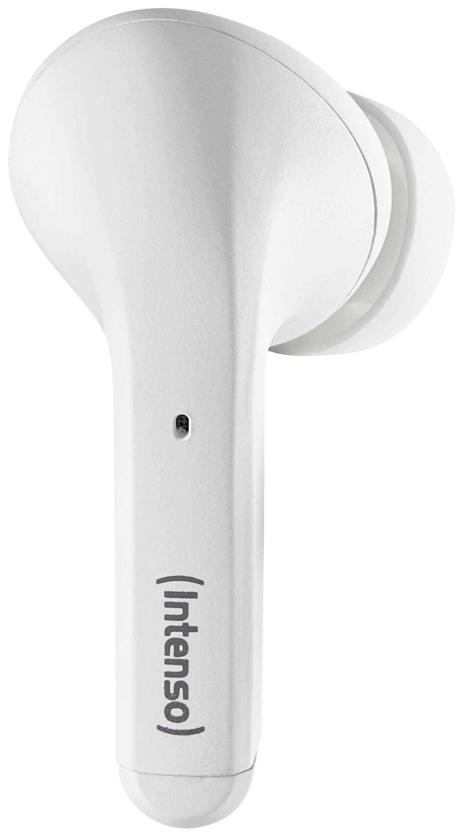 Biały bezprzewodowy słuchawka douszna z napisem 'Intenso' na trzonku.