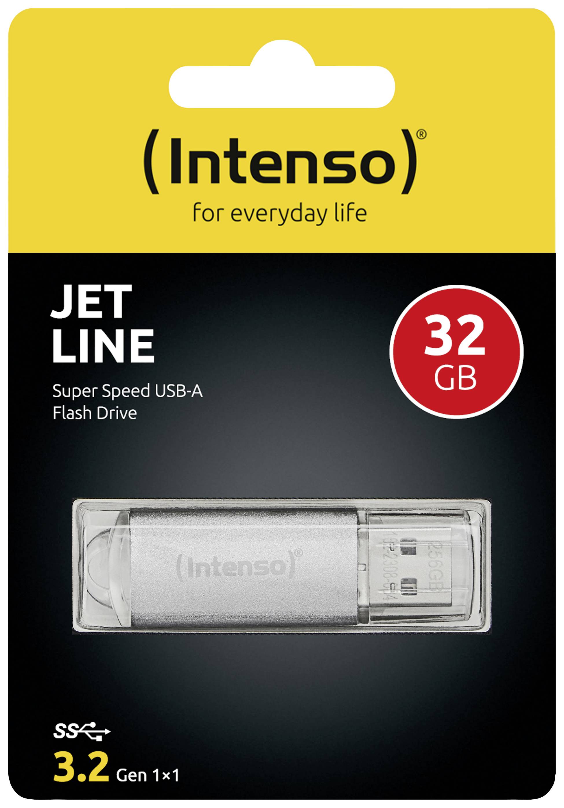 Srebrny pendrive marki Intenso, model 'Jet Line', o pojemności 32 GB z interfejsem Super Speed USB-A. Opakowanie z żółtym tłem.