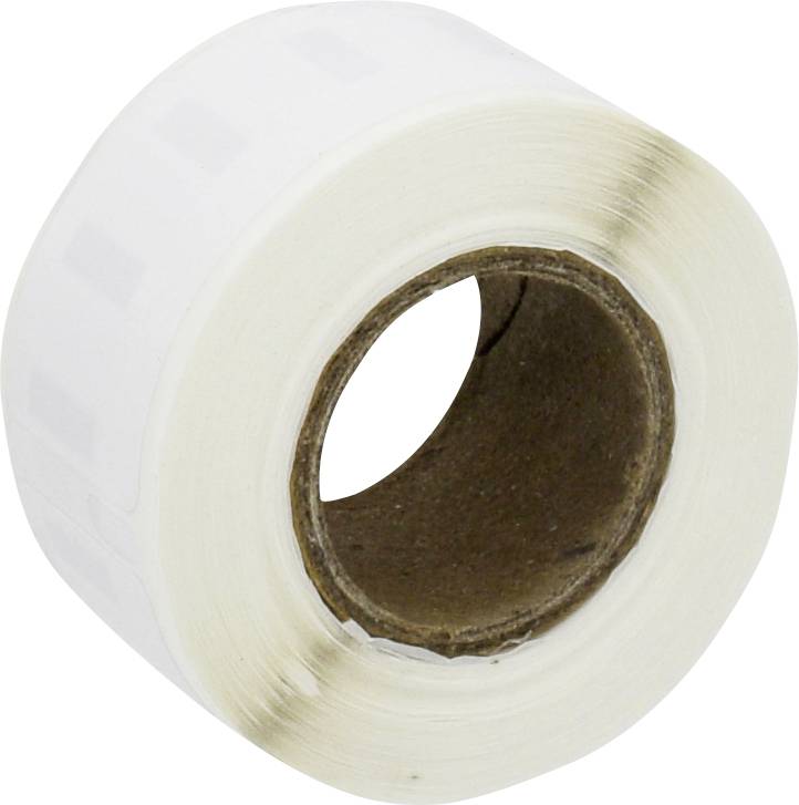 Biała rolka etykiet papierowych, lekko pochylona pod skosem, z brązowym rdzeniem tekturowym.