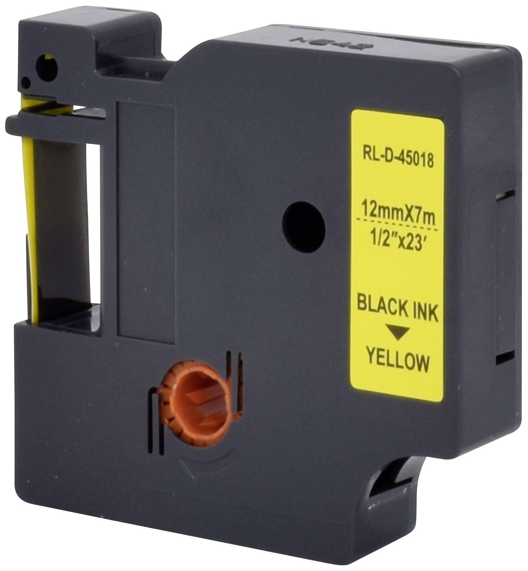 Czarna kaseta drukarska z żółtą etykietą, na której widnieje napis 'BLACK INK' i 'YELLOW'. Zawiera taśmę o wymiarach 12 mm x 7 m, przeznaczoną do drukarki etykiet.