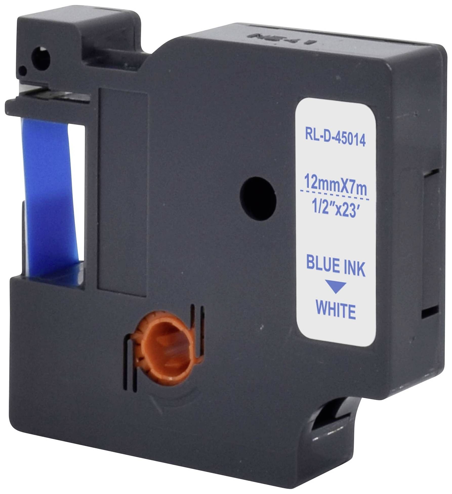 Niebiesko-białą taśmę etykietową o wymiarach 12 mm × 7 m. Na stronie nadrukowano: 'RL-D-45014', 'BLUE INK WHITE'.