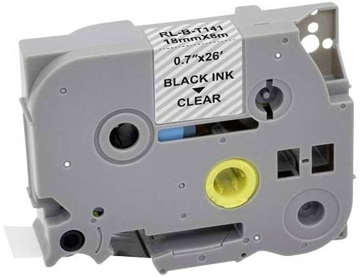 Szara kaseta z napisem 'RL-B-T141 18mm×8m' oraz 'BLACK INK'. Zawiera czarny tusz. Nadaje się do drukarek lub urządzeń etykietujących.
