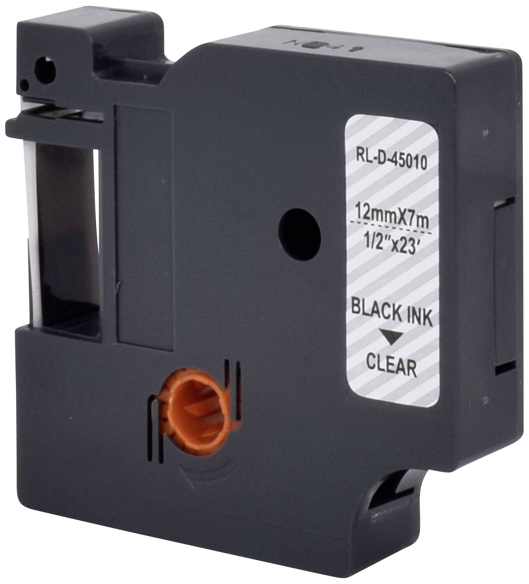 Czarna kaseta z taśmą, oznaczona napisami 'BLACK INK', '12mmX7m', '1/2" x 23'''. Z pomarańczowym elementem na brzegu.