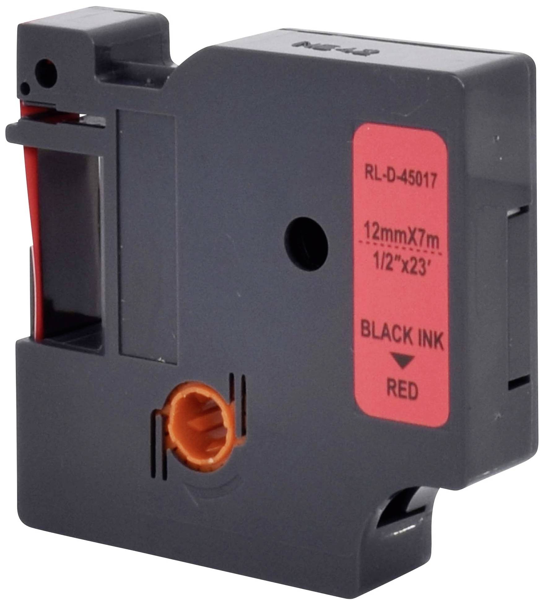 Czarna taśma drukarska z czerwoną etykietą, na której widnieje napis: 'RL-D-45017, 12mm x 7m, 1/2" x 23', Czarny, Czerwony'.
