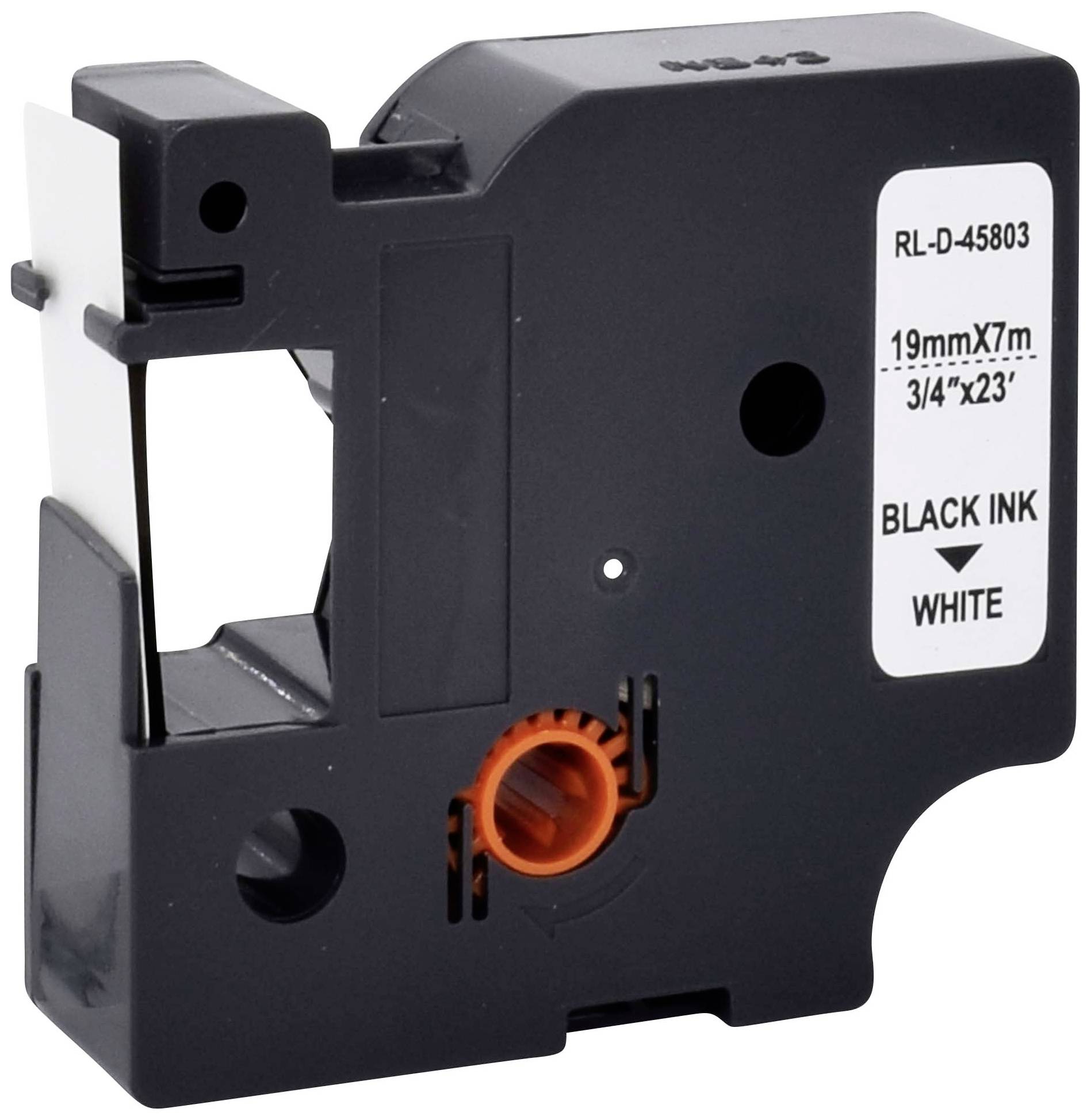 Czarna i biała kaseta z taśmą etykietową, 19 mm szerokości, 7 m długości, z czarnym nadrukiem na białym tle.