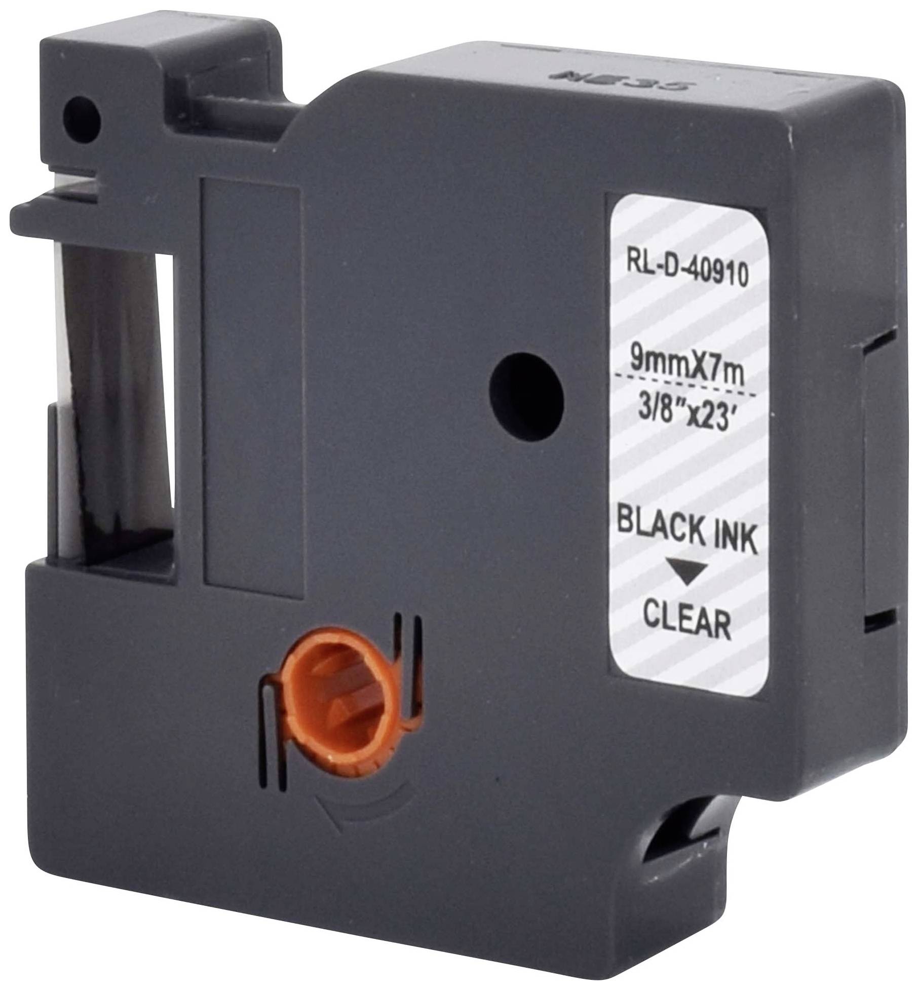 Czarna kaseta z etykietami z napisem 'BLACK INK'. Rozmiar: 9 mm x 7 m. Obudowa jest czarna z pomarańczowym kółkiem.