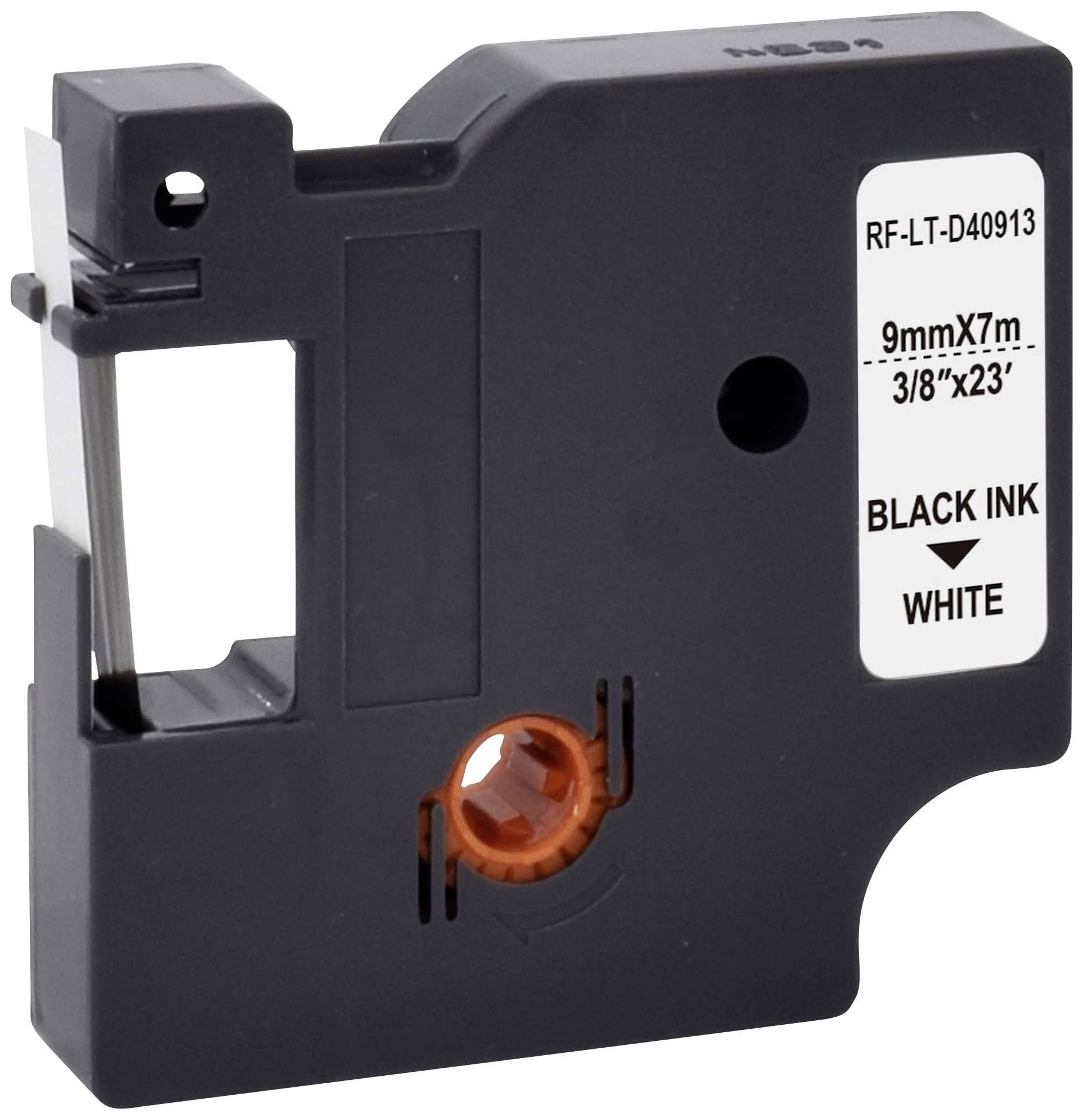 Czarna kaseta z taśmą etykietową o rozmiarze 9 mm x 7 m z białym napisem 'BLACK INK - WHITE'.
