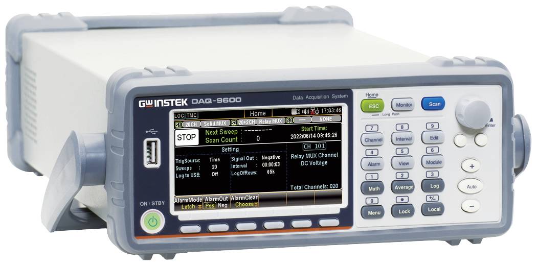 Elektroniczny przyrząd pomiarowy z wyświetlaczem pokazuje dane takie jak 'Home', 'Następne skanowanie', 'Ustawienia'. Widoczne są różne przyciski sterujące i złącza.