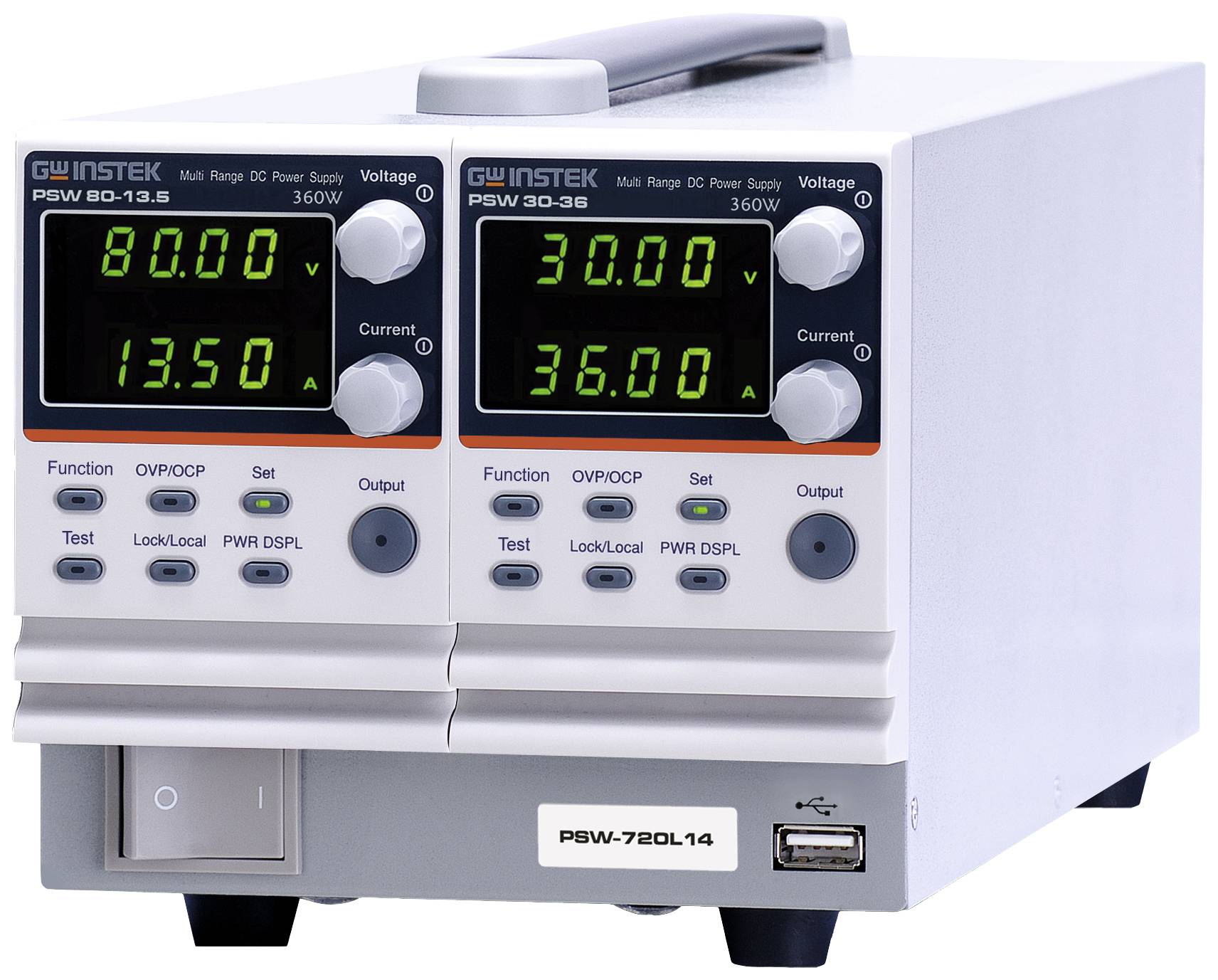 Podwójny zasilacz sieciowy GW Instek PSW, 80V/13,5A i 30V/36A, z wyświetlaczami oraz elementami sterującymi napięcia i prądu.