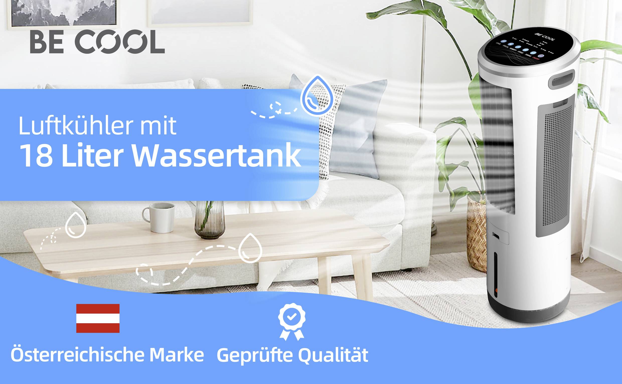 Biały klimatyzator z uchwytem i kółkami stoi w przytulnym salonie. Ma wysokość 1120 mm, pokrywa powierzchnię 25 m² i waży 11,4 kg.