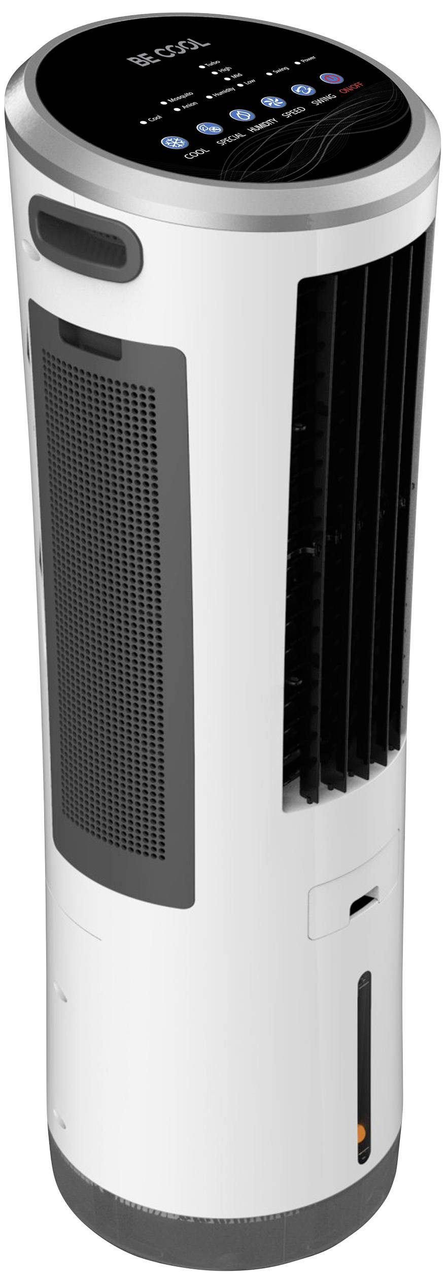 Przenośny klimatyzator cylindryczny z panelem sterowania i wskaźnikiem poziomu wody.