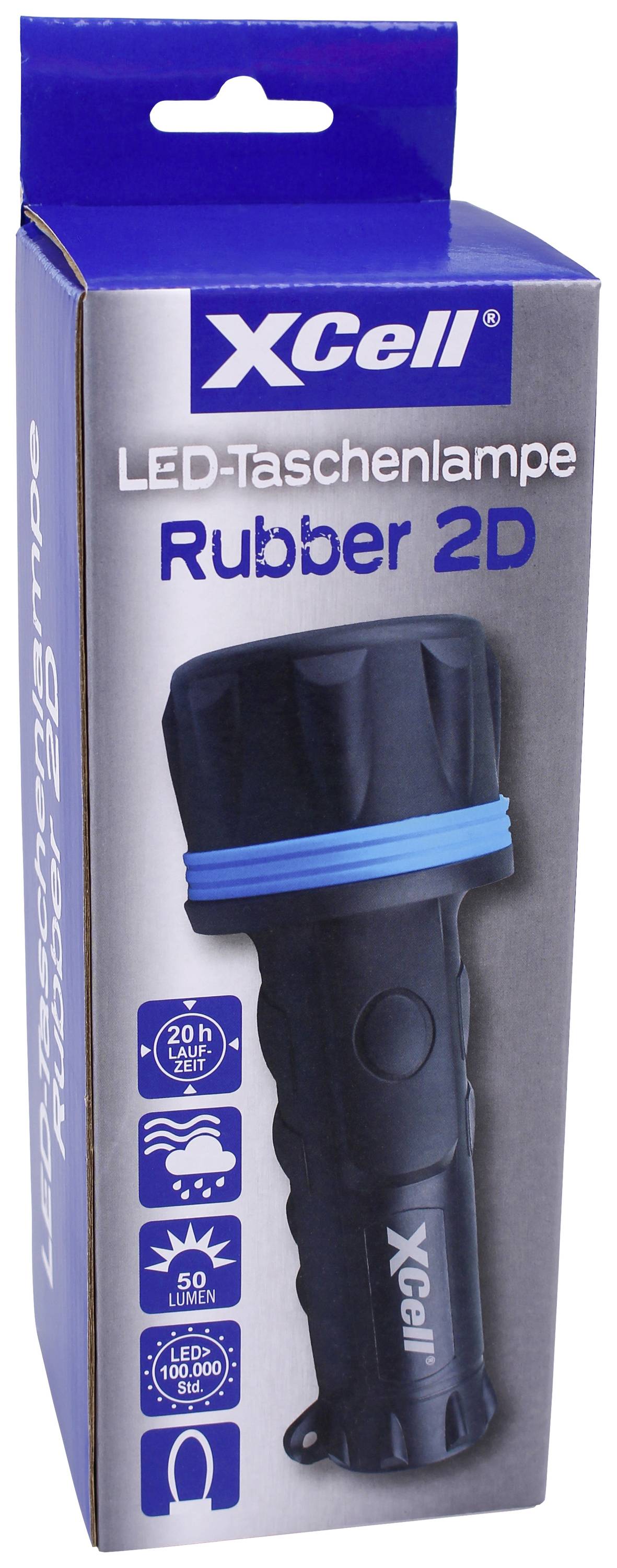 Latarka LED w opakowaniu; oznaczona etykietami 'XCell' i 'Rubber 2D'. Podkreśla 20-godzinny czas pracy i moc świecenia 50 lumenów.