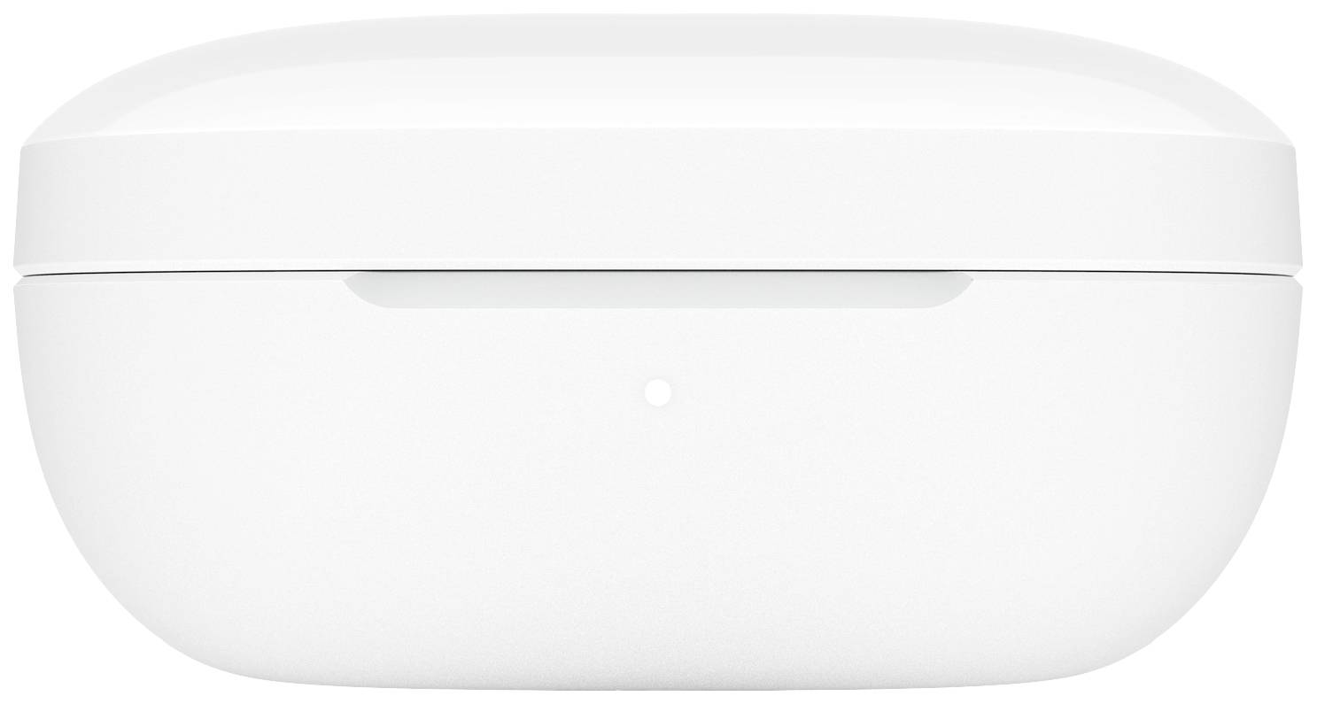 Białe bezprzewodowe etui ładujące do słuchawek dousznych, sfotografowane z boku w zamkniętej pozycji, z zaokrąglonymi krawędziami.