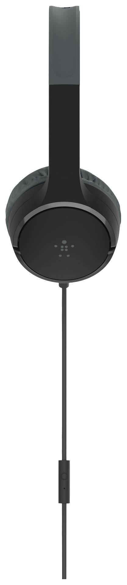 Czarne, przewodowe słuchawki nauszne z pałąkiem i mikrofonem zintegrowanym w przewodzie.