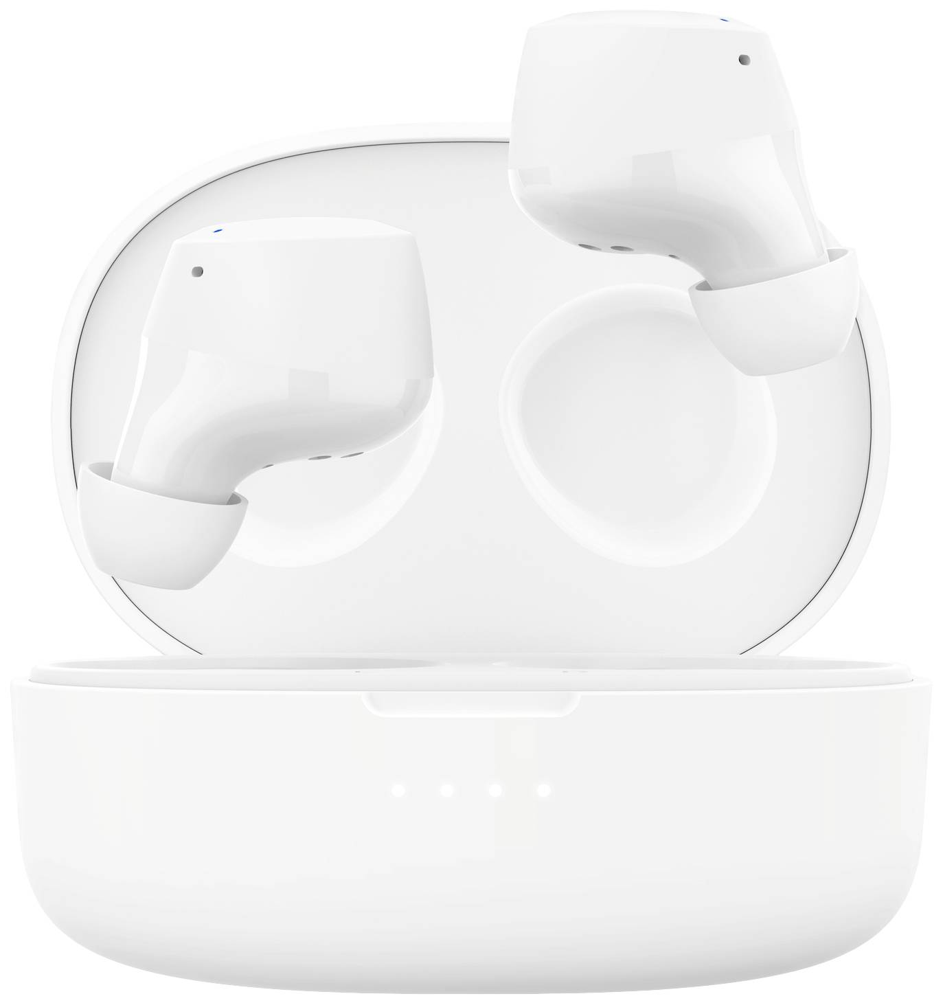 Białe bezprzewodowe słuchawki douszne w otwartym etui ładującym. Słuchawki mają ergonomiczny kształt i dopasowują się do ucha.