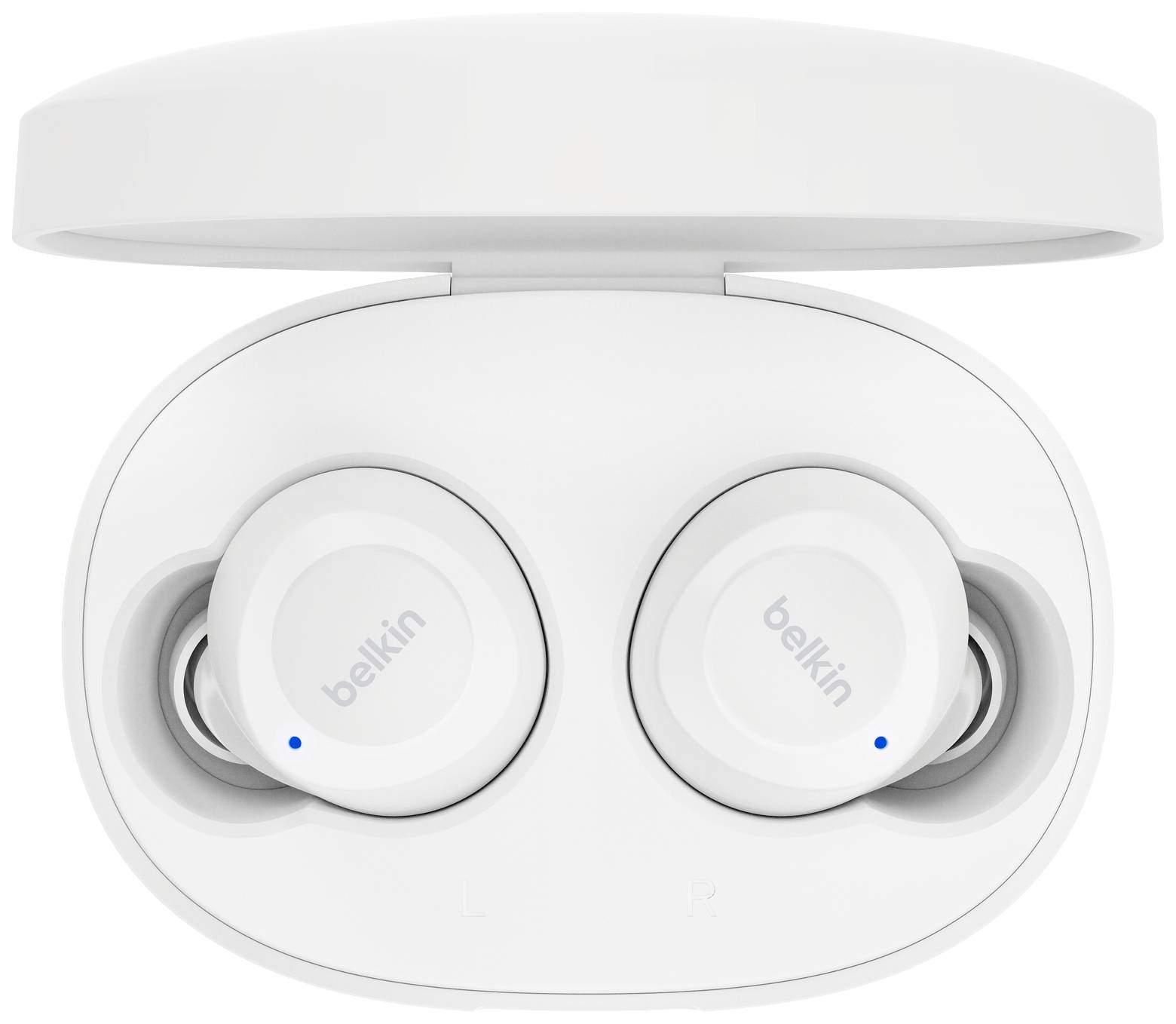 Białe bezprzewodowe słuchawki dokanałowe w otwartym etui ładującym. Oba słuchawki wyświetlają niebieskie światła LED.