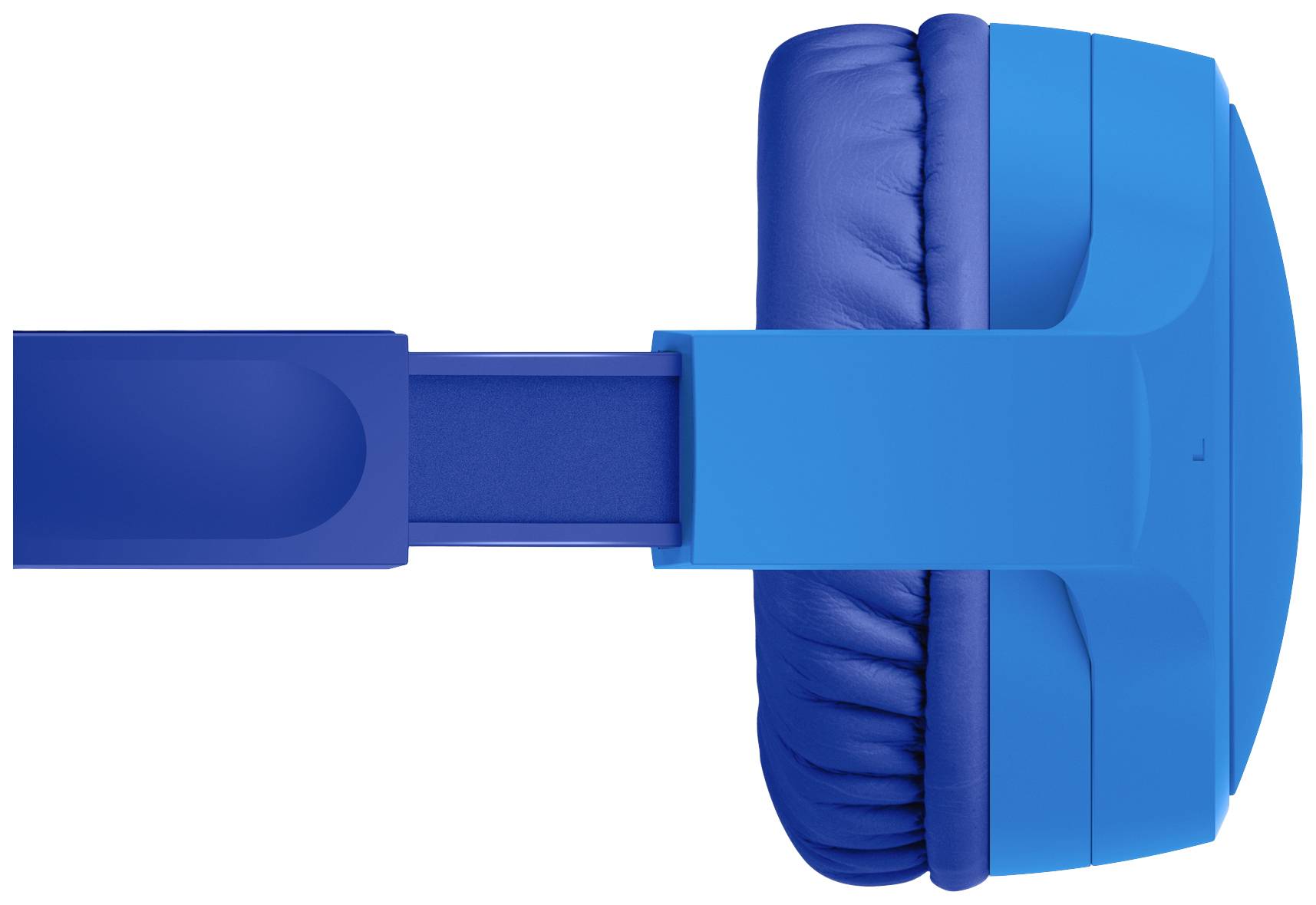 Niebieskie słuchawki z wyściełanymi nausznikami i regulowanym pałąkiem, widziane z boku.