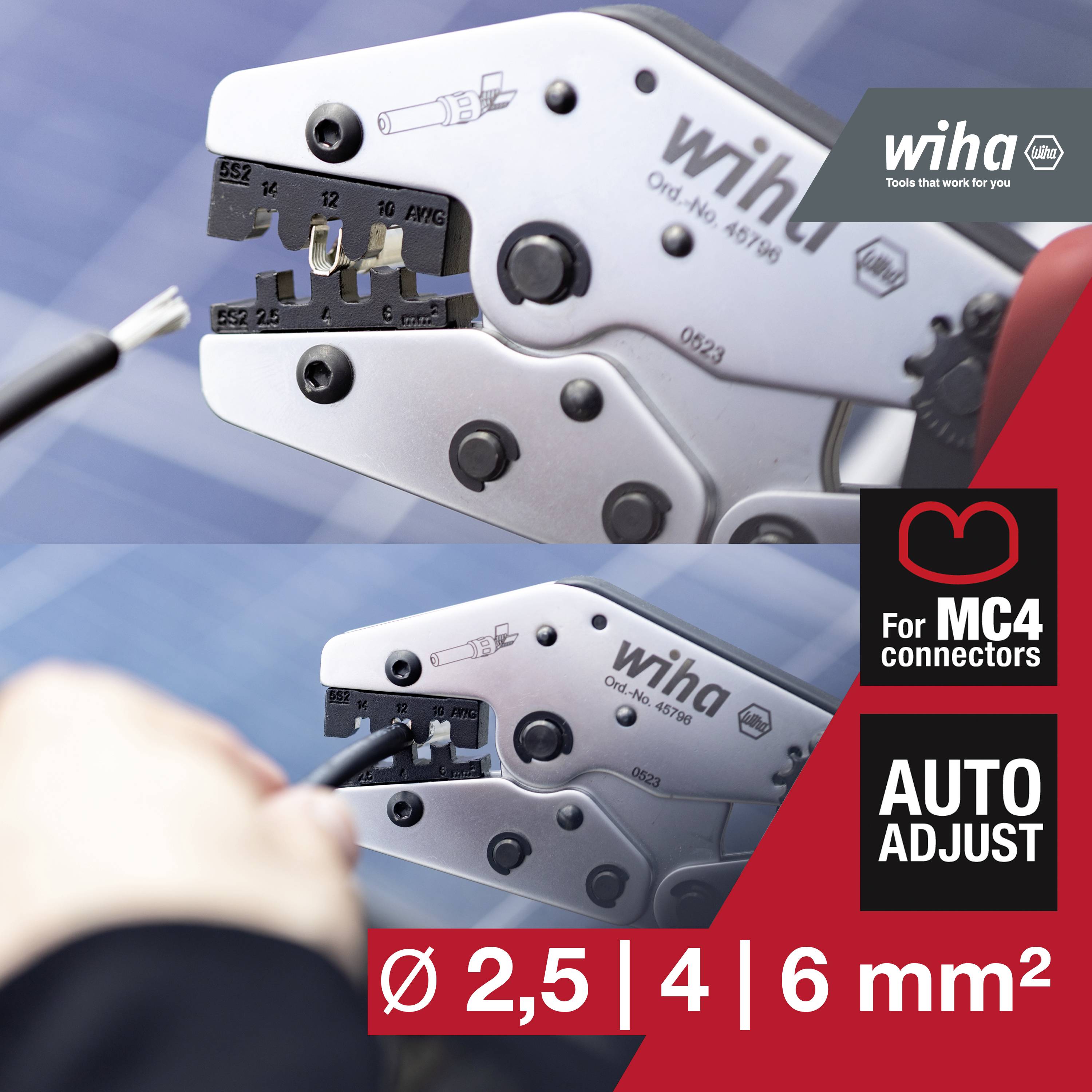 'Ilustracja przedstawia szczypce kalibrujące Wiha do złączy MC4, optymalne dla przekrojów kabli o średnicy Ø 2,5, 4 i 6 mm², z funkcją automatycznego dopasowania.'
