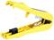 Żółte narzędzie do ściągania izolacji z kabli, wykonane z tworzywa sztucznego i metalu, pokazane w rozłożonym stanie, gotowe do usuwania osłon przewodów.