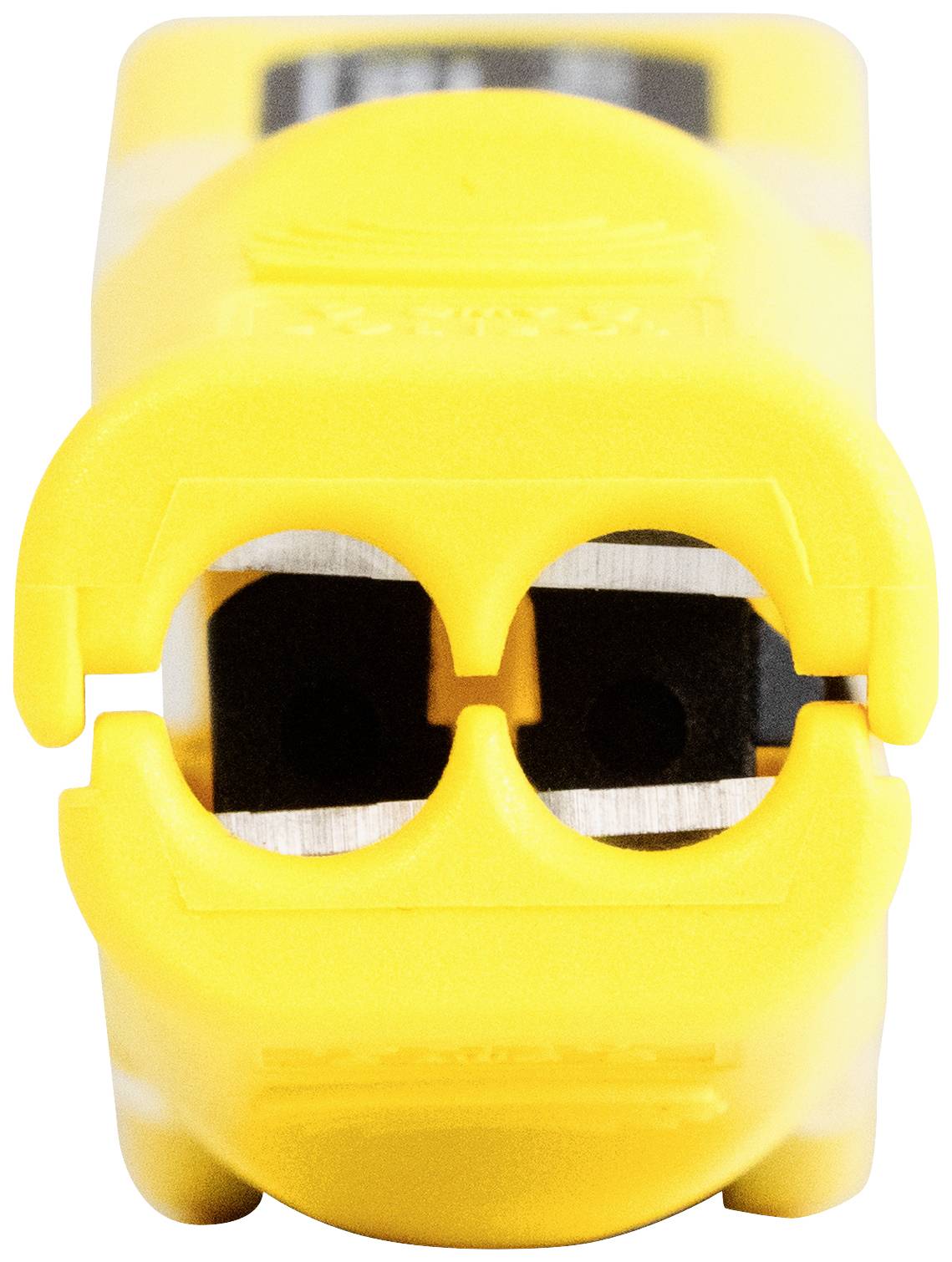 Żółte narzędzie do ściągania izolacji z kabli, wyposażone w dwie ostrza do cięcia powłoki izolacyjnej.