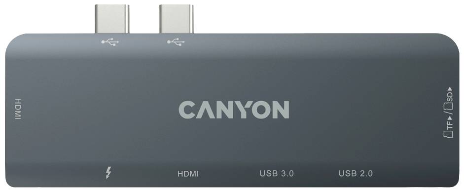 Czarny hub USB-C z nadrukiem 'Canyon', pokazujący złącza HDMI, USB 3.0, USB 2.0, TF/SD oraz dwa złącza USB-C.