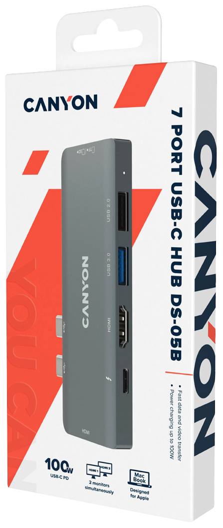 Opakowanie 7-portowego concentratora USB-C firmy Canyon. Urządzenie jest przedstawione z różnymi złączami i specyfikacjami, w tym mocą 100W.