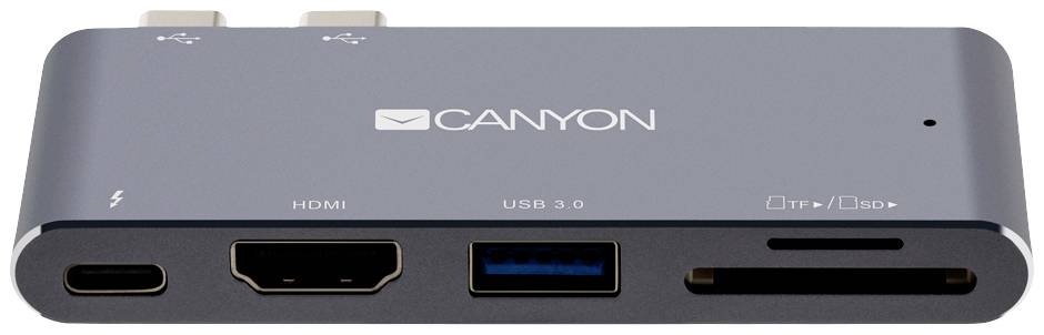 Szary hub USB z portami: USB-C, HDMI, USB 3.0, TF/SD. Na górze widnieje napis 'CANYON'. Przydatny do rozszerzonej łączności.