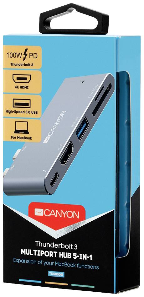Obraz przedstawia opakowanie rozgałęziacza Canyon Thunderbolt 3 z 5 portami. Funkcje: 100W PD, 4K HDMI, USB 3.0.