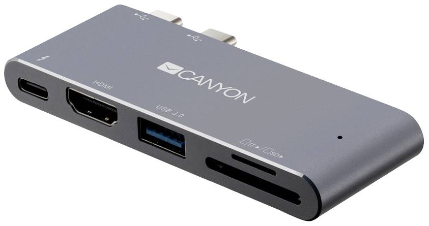 Szary wielofunkcyjny adapter Canyon z portami HDMI, USB 3.0, USB-C oraz slotem na karty SD.