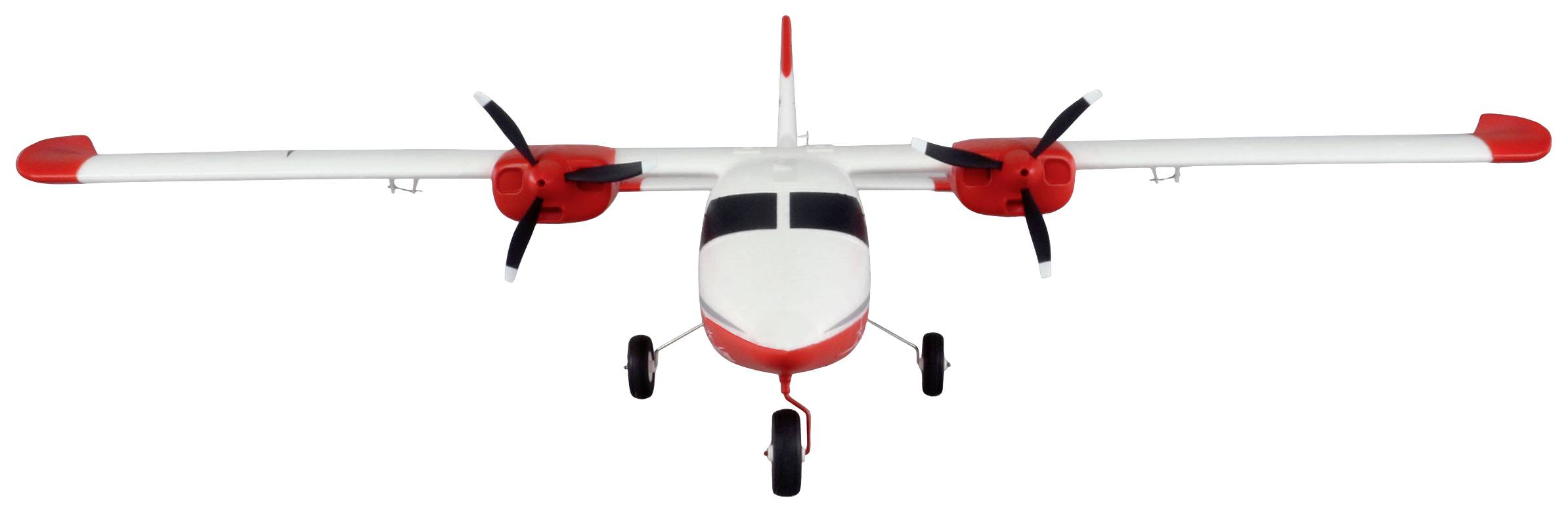 Mały dwusilnikowy samolot modelarski w białych i czerwonych kolorach z śmigłami na końcach skrzydeł, umieszczony na białym tle.