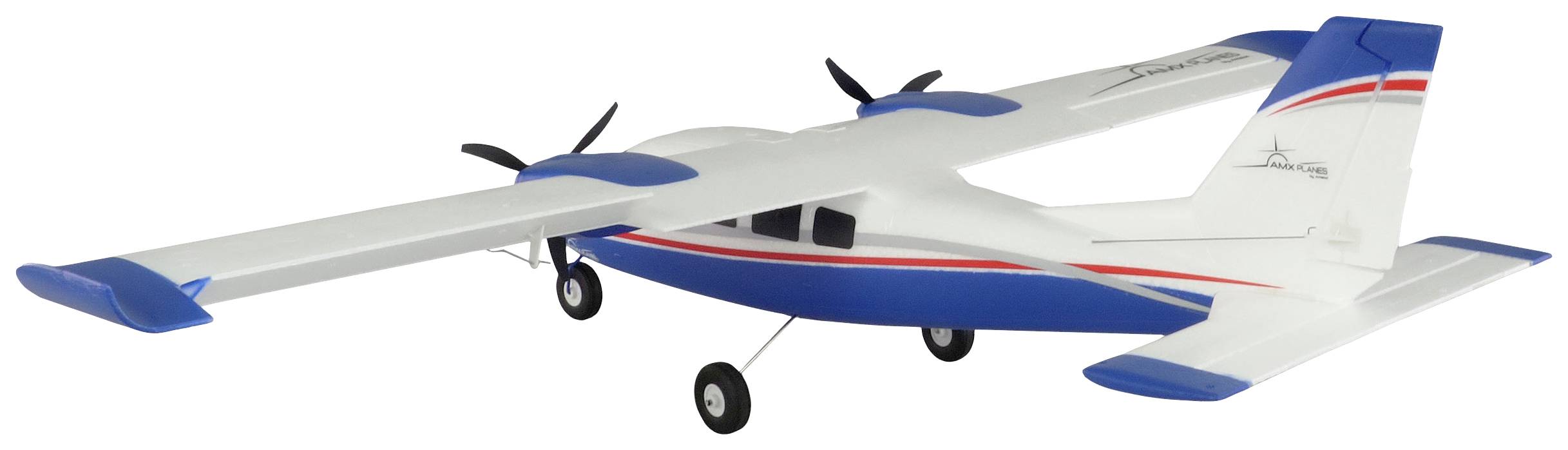 Białoniebieskie modelarskie samolot o podwójnym skrzydle z czarnymi kołami stoi na białym tle.