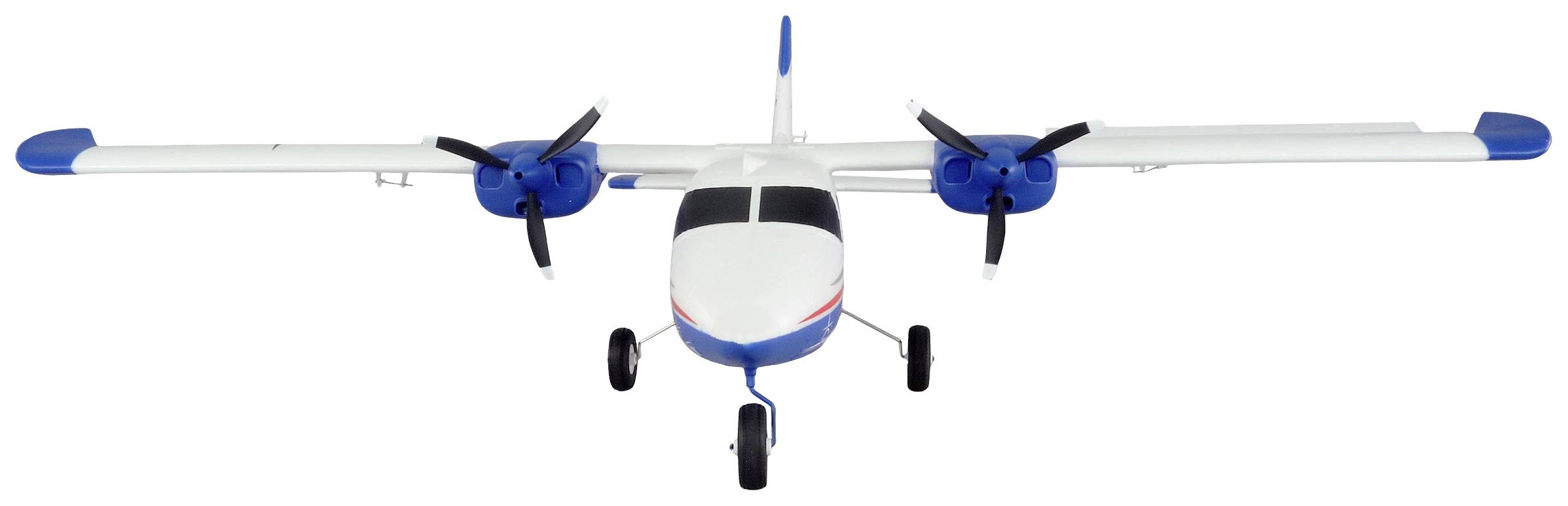 Mały dwusilnikowy samolot w niebiesko-białym malowaniu stojący na ziemi, widziany z przodu.