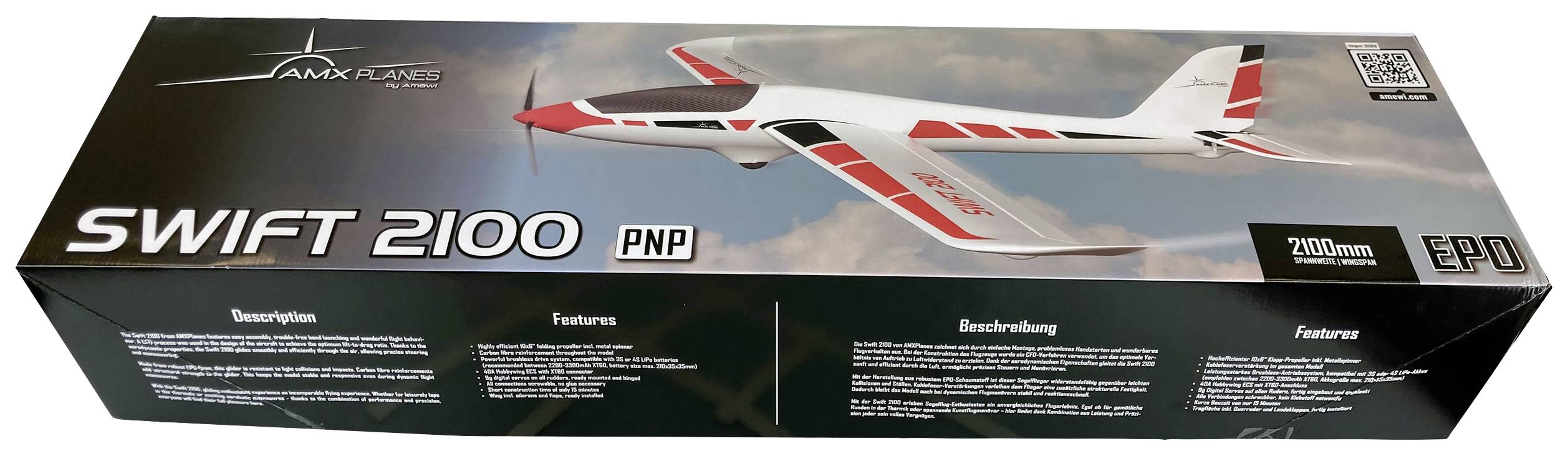 Opakowanie modelu samolotu 'Swift 2100 PNP' z obrazem czerwono-białego samolotu na niebieskim niebie.