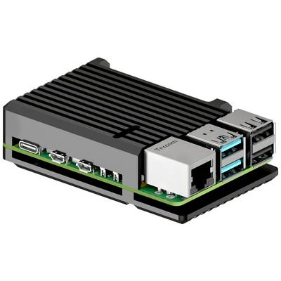Mały komputer jednoukładowy w czarnej obudowie, z widocznymi wieloma portami USB oraz portem Ethernet.