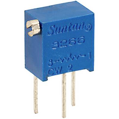 Niebieskie, prostokątne potencjometr z trzema metalowymi pinami. Napis: 'Suntan 3266'. Stosowany w obwodach elektronicznych.