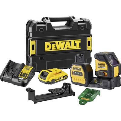 Zestaw narzędzi z logo DeWalt: akumulator, ładowarka, walizka i akcesoria. Idealny do przenośnych prac budowlanych lub majsterkowania w domu.