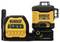 Żółto-czarne urządzenie laserowe firmy DeWalt z ładowarką do akumulatorów 12V/18V, wyświetlające symbole statusu energii i orientacji.