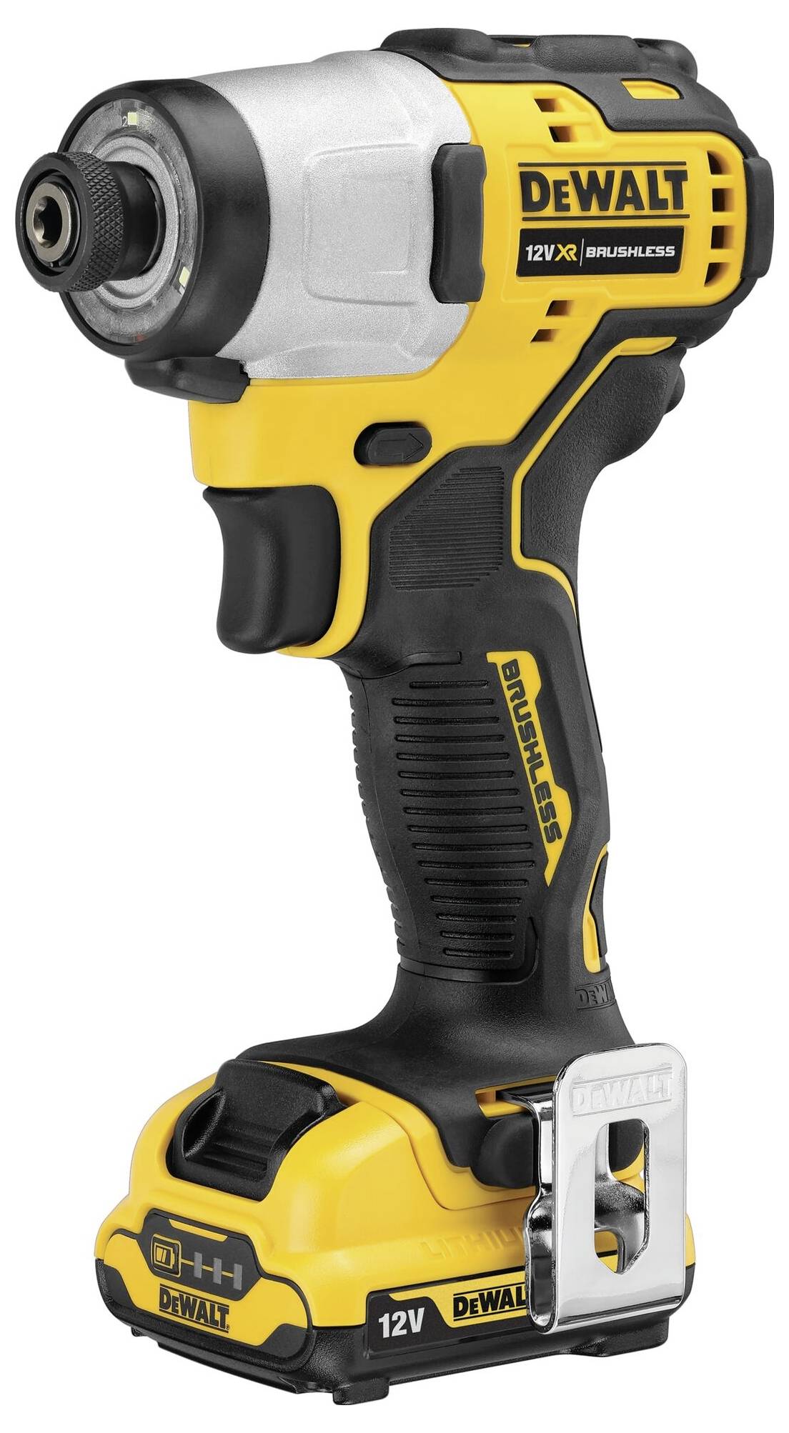 Żółto-czarny akumulatorowy wkrętak udarowy z ergonomicznym uchwytem i logo DeWalt. Kompatybilny z bateriami 12V. Idealny do projektów majsterkowiczów.